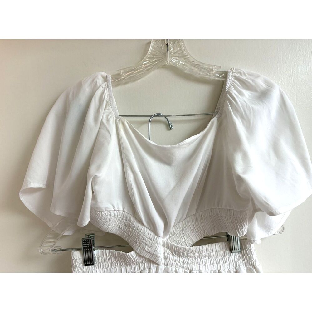 White Cutout Ruffle Mini Sundress S Rayon Smock Tier Flutter Boho Resort Bridal - Picture 4 of 11